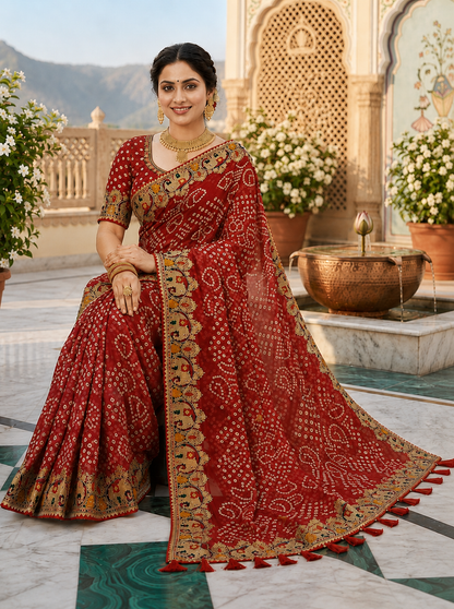 Red bandhani georgette saree – model sitting view with gold jewellery, embroidered blouse and red tassel pallu