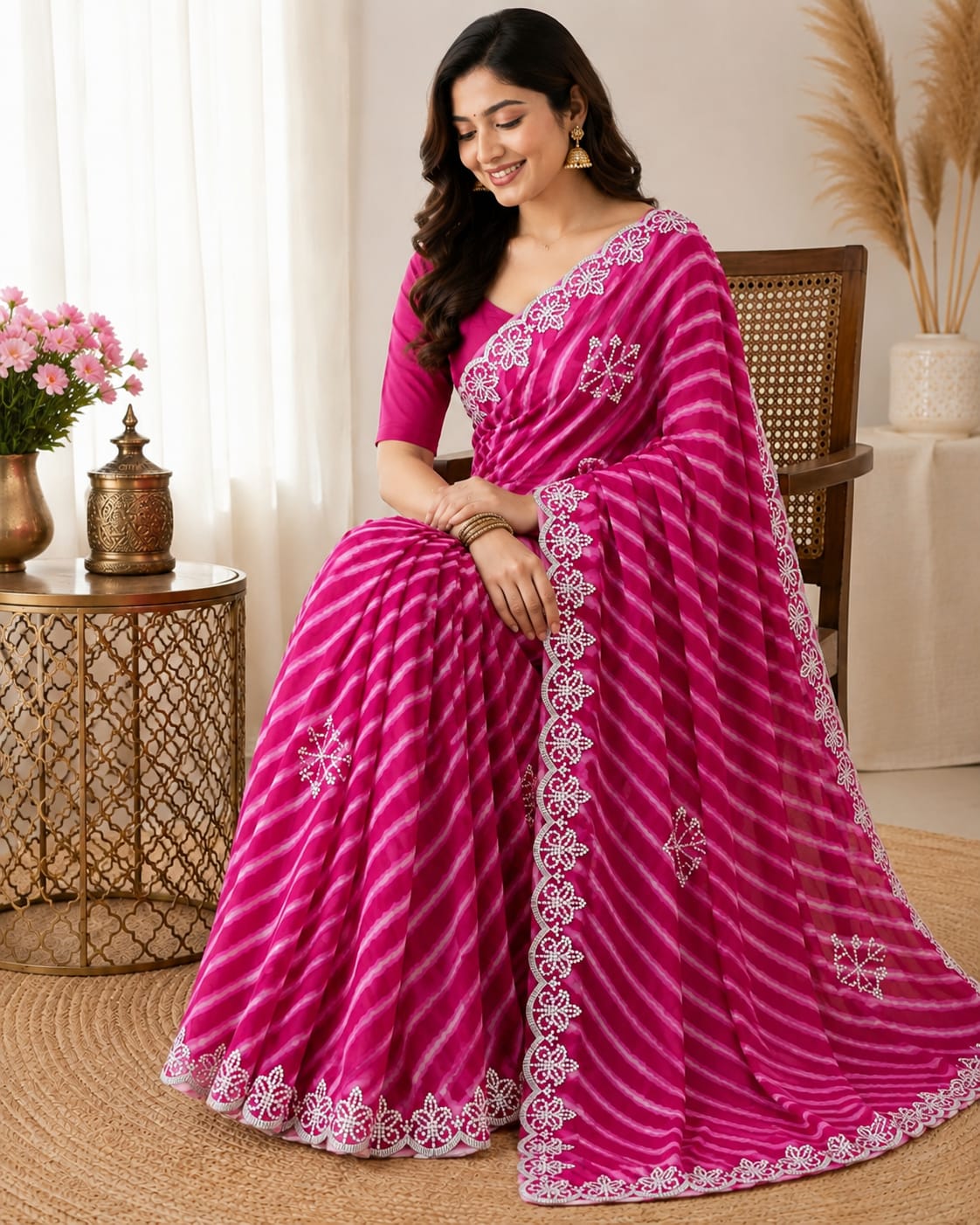 Hot Pink Lahariya Chiffon Saree with Embroidered Lace Border - Detail View