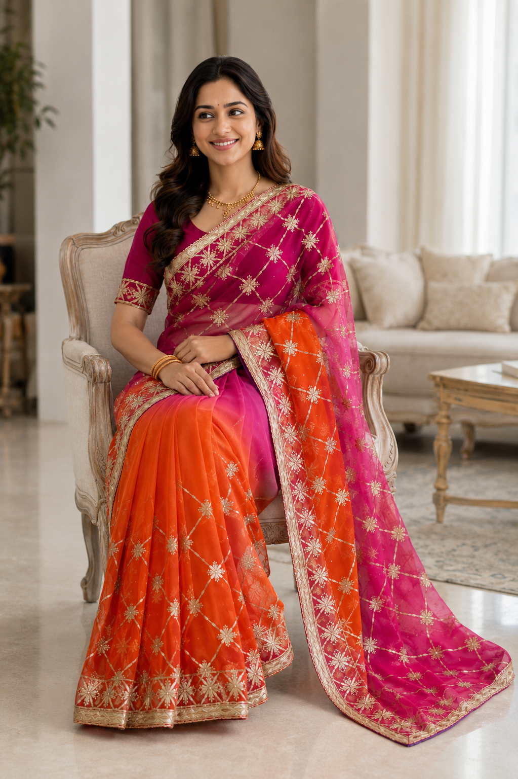 Darwari Gota Georgette Saree in Magenta Pink to Orange Ombre with gold gota embroidery