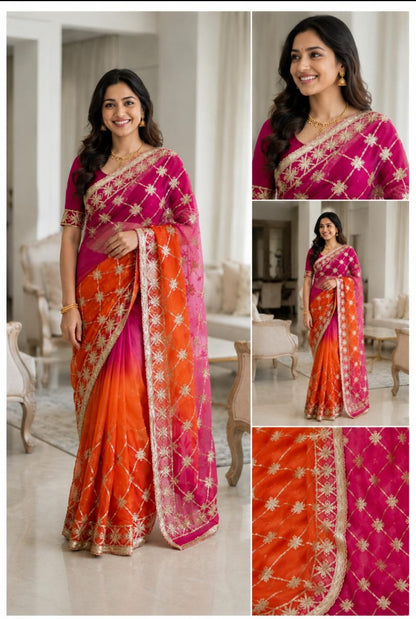 Darwari Gota Georgette Saree in Magenta Pink to Orange Ombre | Shreevaa | Festive