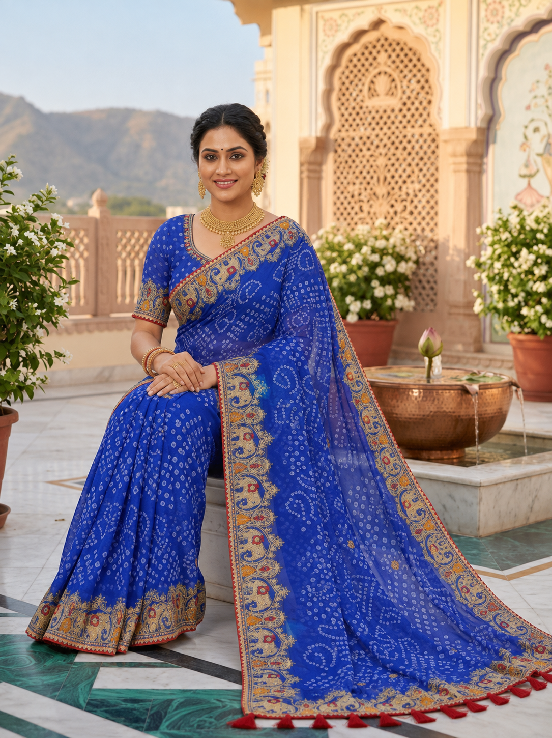 Royal blue bandhani georgette saree – model sitting view with heavy embroidered pallu detail