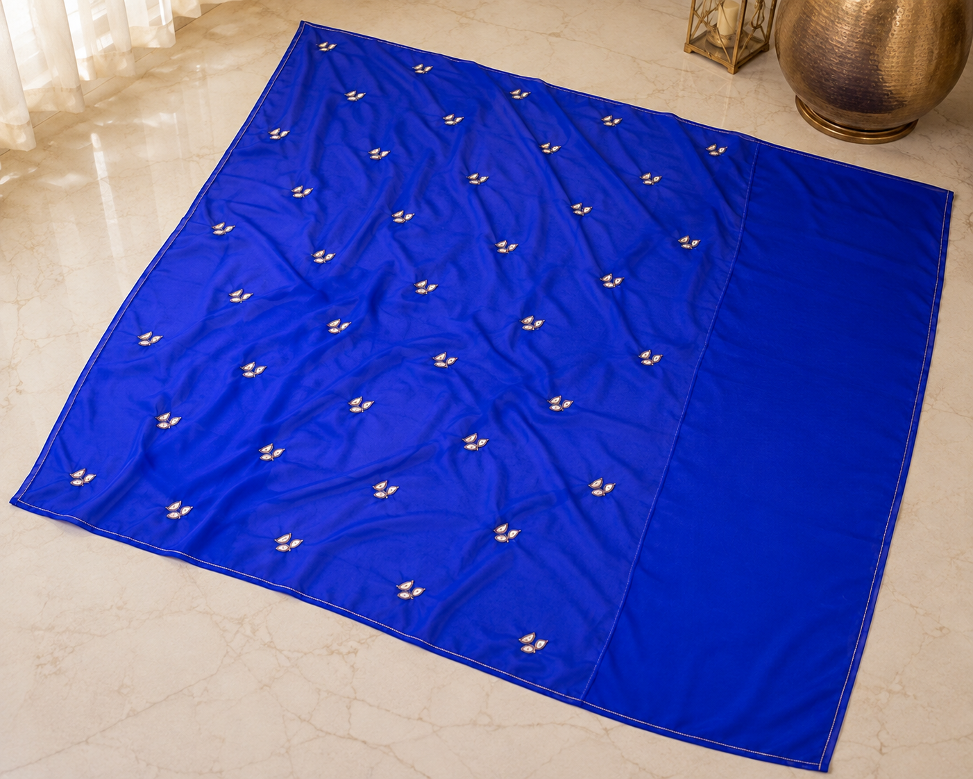 Najbeen royal blue chiffon darwari saree – full open flat lay showing all-over booti pattern
