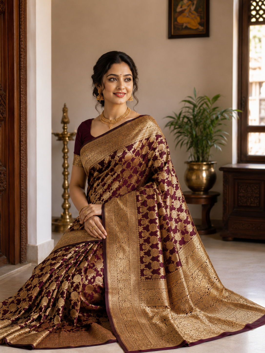 Wine Maroon Banarasi Silk Saree with All-Over Gold Zari Jaal Weave & Ornate Border | Shreevaa