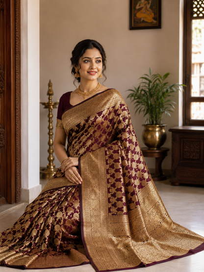 Wine Maroon Banarasi Silk Saree with All-Over Gold Zari Jaal Weave & Ornate Border | Shreevaa