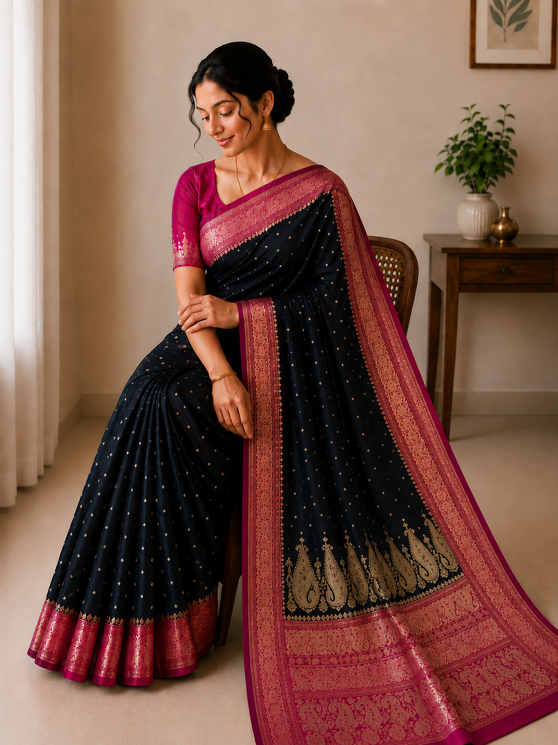 Black & Magenta Banarasi Silk Saree with Zari Weave | Shreevaa by Yamya Collection