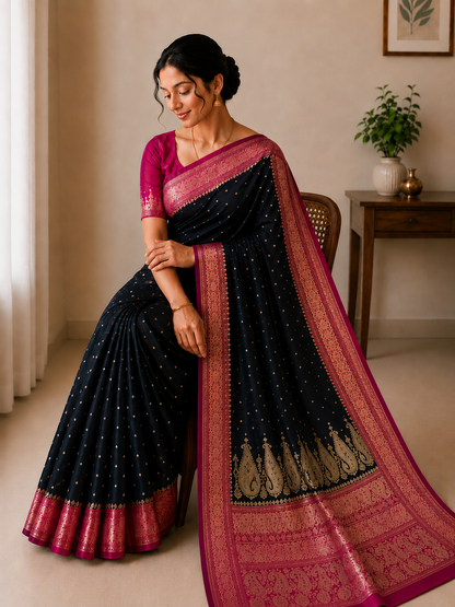 Black & Magenta Banarasi Silk Saree with Zari Weave | Shreevaa by Yamya Collection