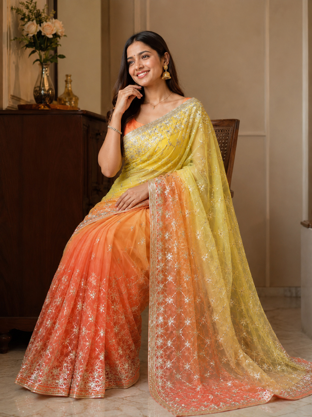 Darwari Gota Georgette Saree Yellow Orange Ombre - Sitting view