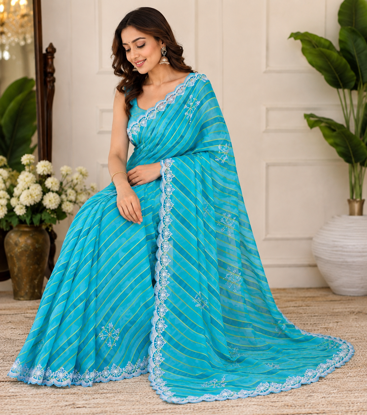 Sky blue lehariya georgette saree – model sitting view with matching blue blouse and scalloped lace detail