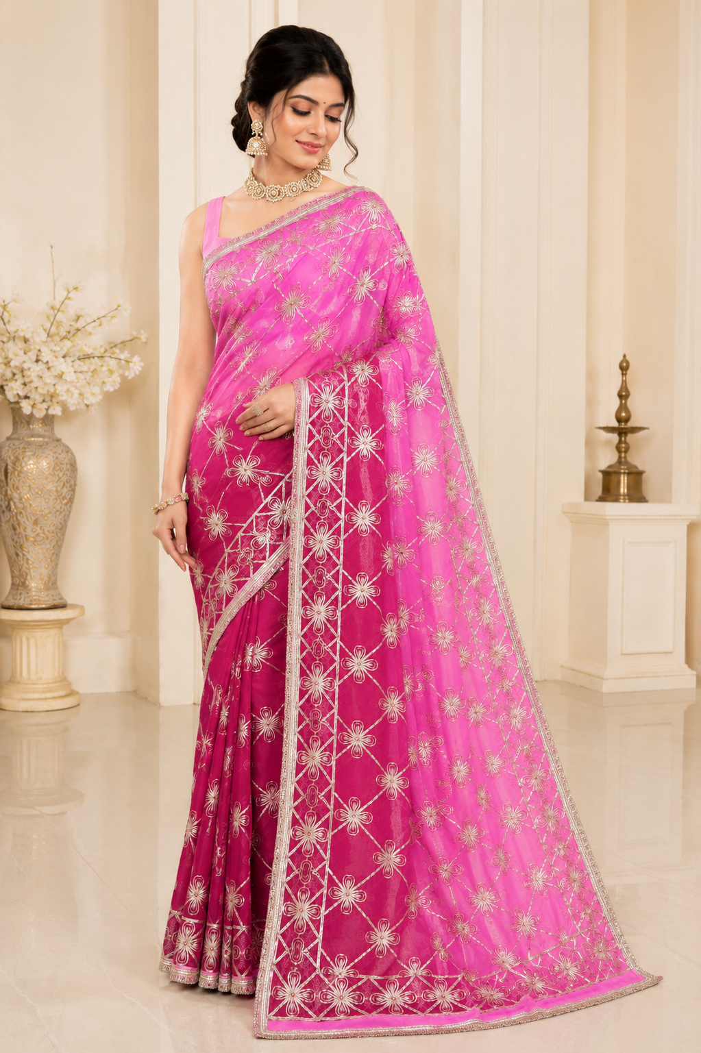 Darwari Gota Georgette Saree in Rani Pink - Standing view