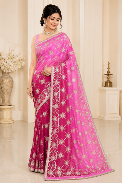 Darwari Gota Georgette Saree in Rani Pink - Standing view