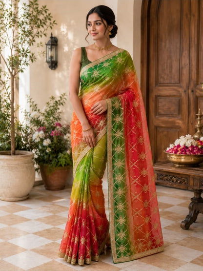 Multicolor Gradient Saree with Gotta Patti Embroidery | Green, Peach & Pink-Red