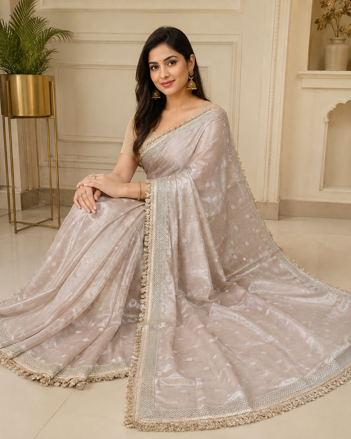 Model wearing an ivory white Tissue Organza Banarasi saree with delicate motifs and zari lace border