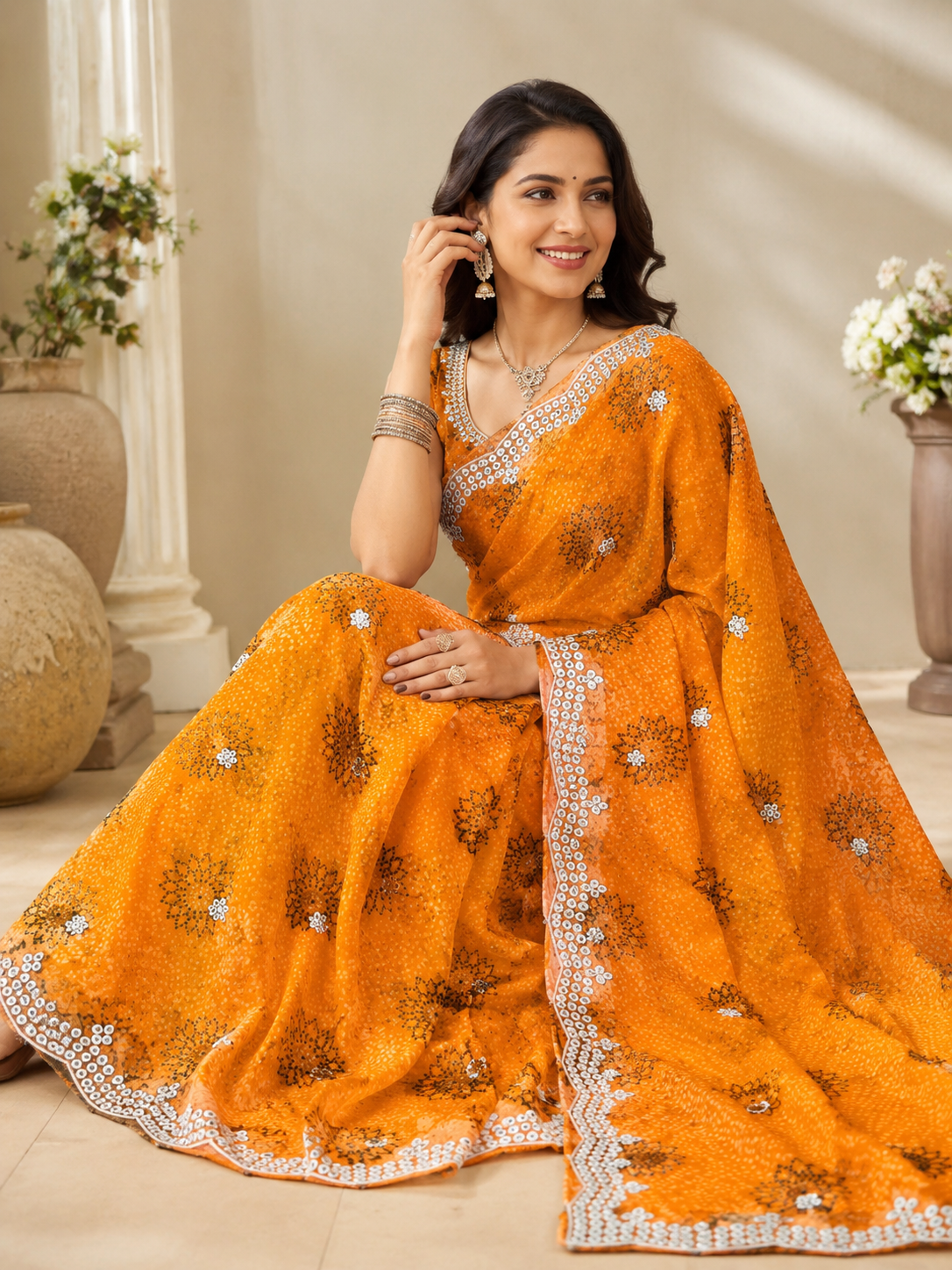 Mustard Yellow Bandhani Georgette Saree with Sequin Border - sitting pose