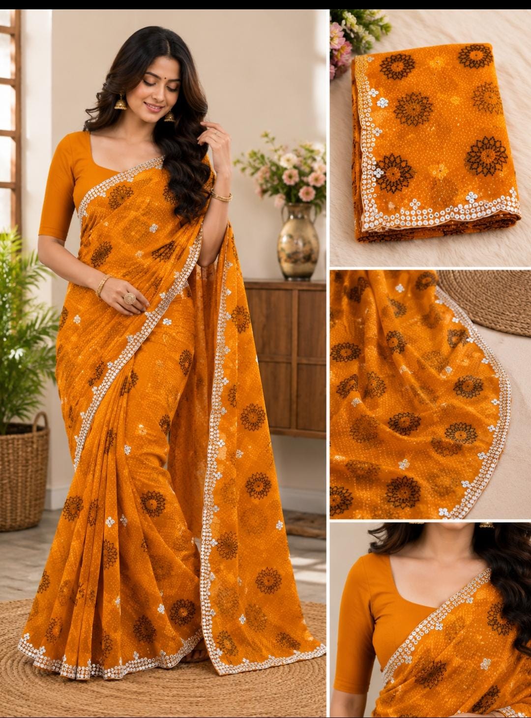 Mustard Yellow Bandhani Georgette Saree with Sequin Border and Floral Motifs - model drape collage