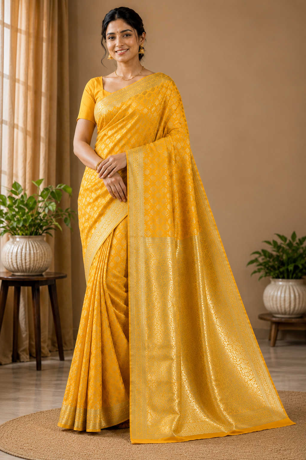 Sunshine Yellow Banarasi Silk Saree with Gold Zari Booti Weave & Floral Border | Shreevaa