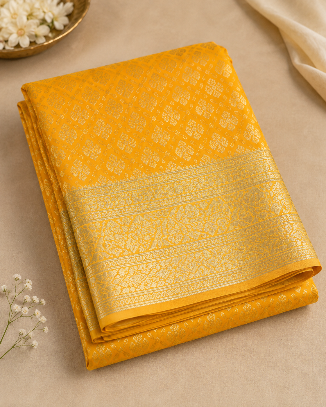 Sunshine Yellow Banarasi Silk Saree with Gold Zari Booti Weave & Floral Border | Shreevaa