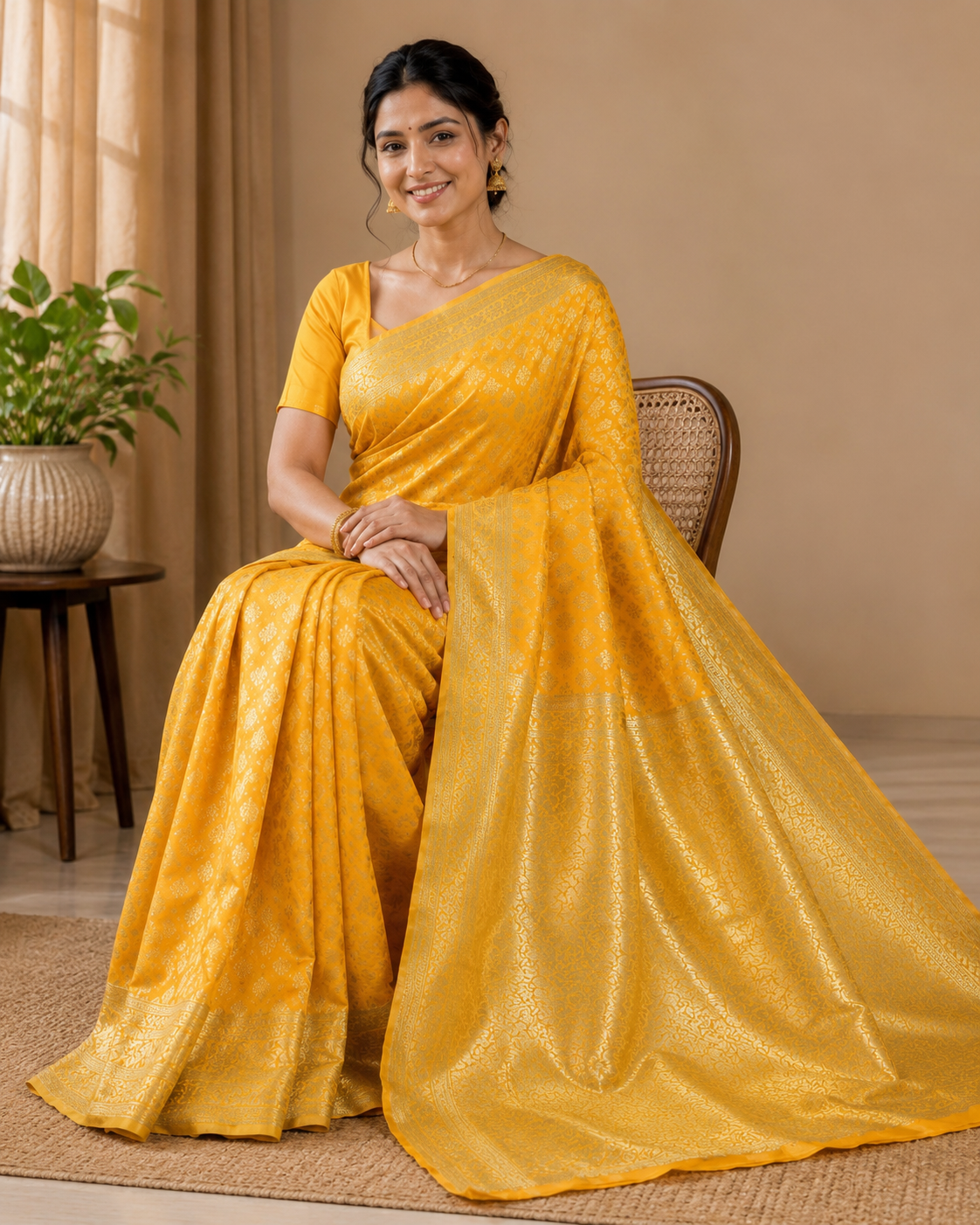 Sunshine Yellow Banarasi Silk Saree with Gold Zari Booti Weave & Floral Border | Shreevaa