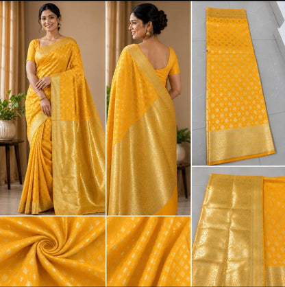 Sunshine Yellow Banarasi Silk Saree with Gold Zari Booti Weave & Floral Border | Shreevaa