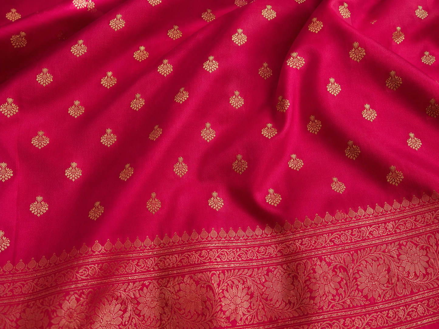 Rani Pink Banarasi Silk Saree with Gold Zari Buti & Floral Jaal Pallu | Shreevaa by Yamya Collection