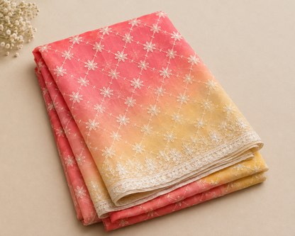 Darwari Gota Georgette Saree in Coral Pink to Butter Yellow Ombre | Shreevaa | Festive