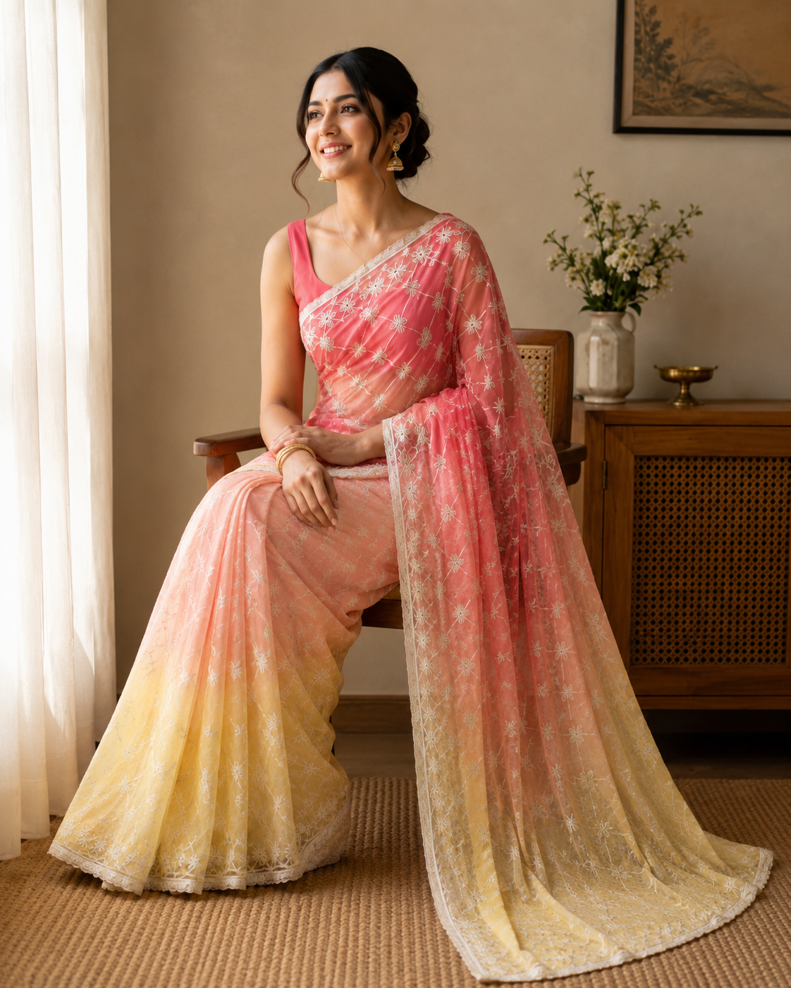 Darwari Gota Georgette Saree in Coral Pink to Butter Yellow Ombre - standing view