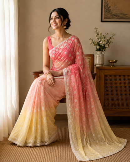 Darwari Gota Georgette Saree in Coral Pink to Butter Yellow Ombre - standing view