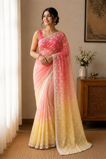 Darwari Gota Georgette Saree in Coral Pink to Butter Yellow Ombre | Shreevaa | Festive