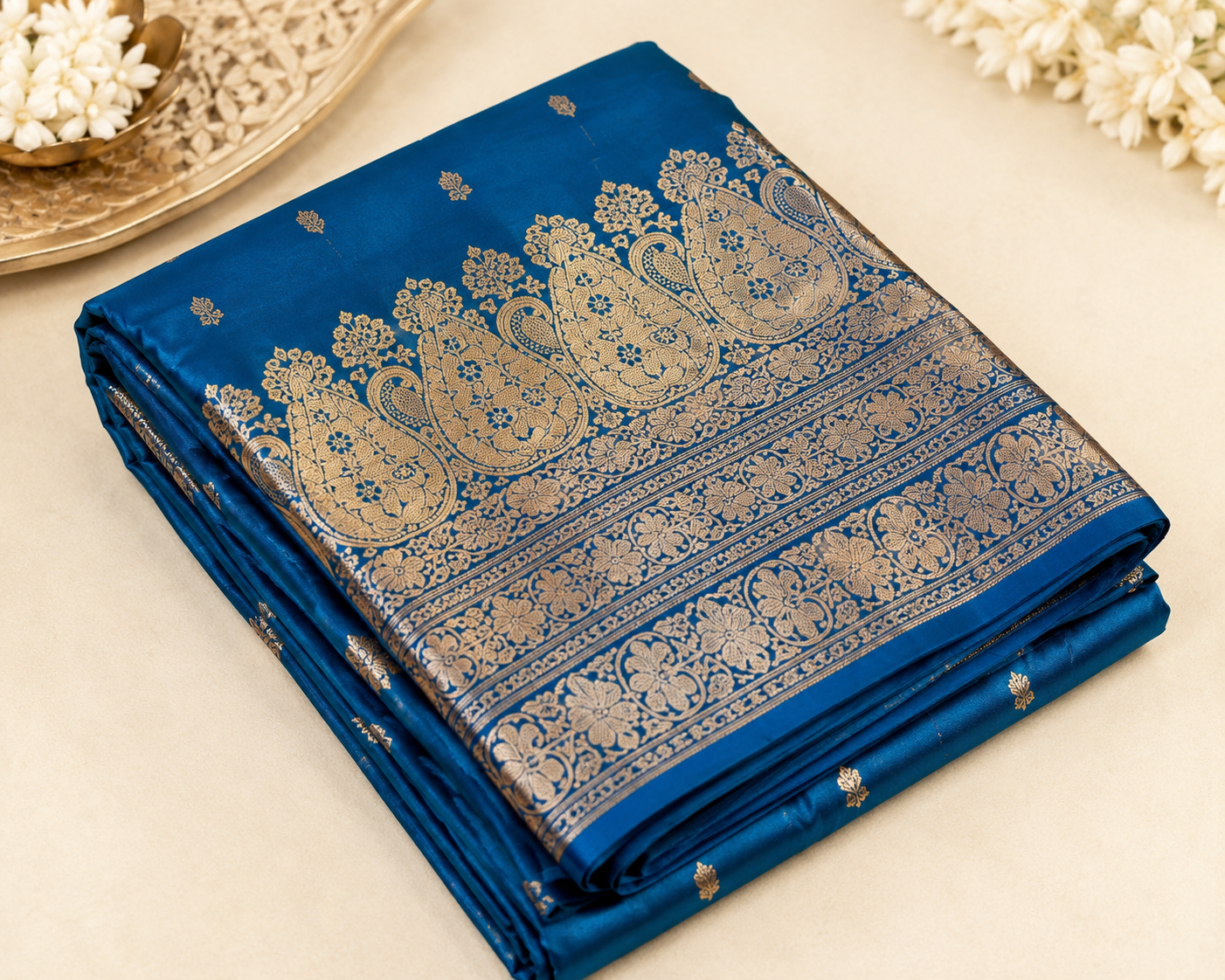 Teal Blue Banarasi Silk Saree with Paisley Zari Border & Scattered Buti Weave | Shreevaa