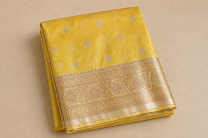 Sunshine Yellow Banarasi Silk Saree with Silver-Gold Zari Buti & Broad Zari Border