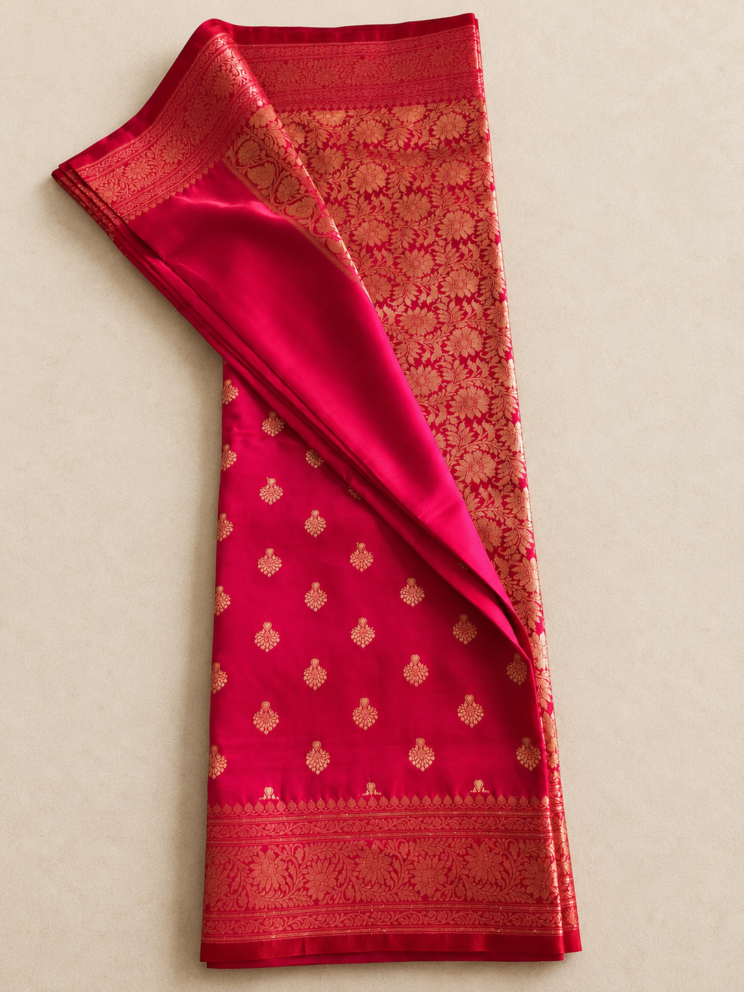 Rani Pink Banarasi Silk Saree with Gold Zari Buti & Floral Jaal Pallu | Shreevaa by Yamya Collection
