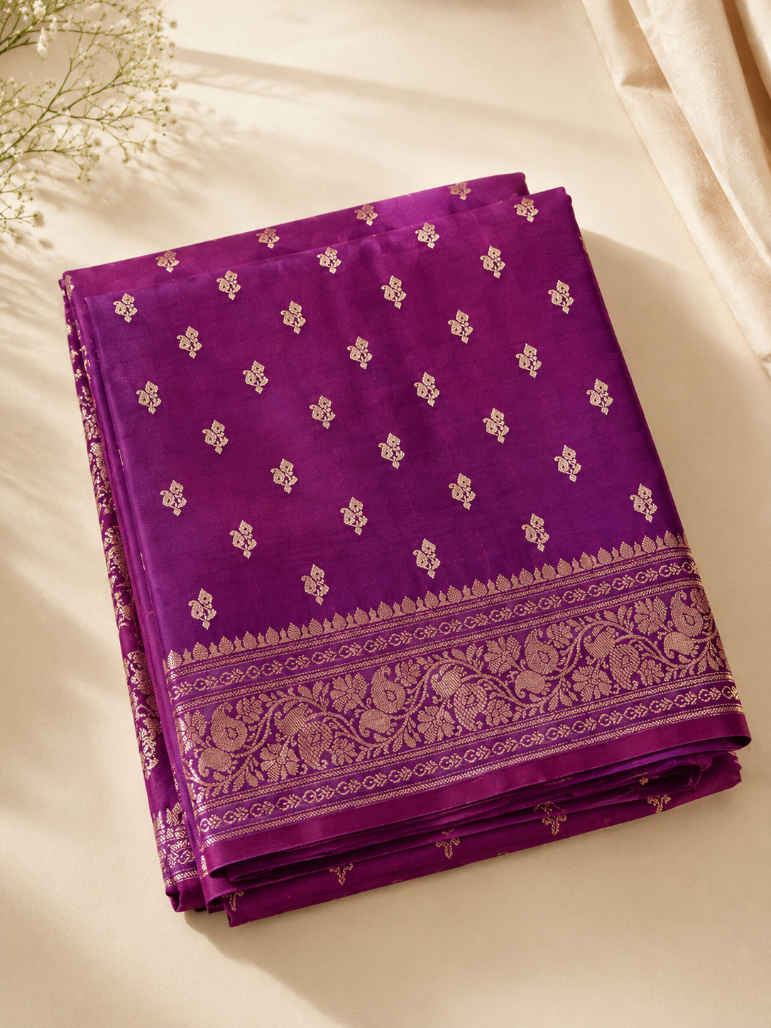 Purple Banarasi Silk Saree with Gold Zari Buti, Floral Border & Jaal Pallu | Shreevaa by Yamya Collection