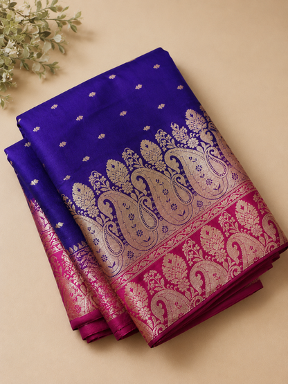 Navy Blue & Magenta Banarasi Silk Saree with Gold Zari Buti & Paisley Pallu | Shreevaa by Yamya Collection