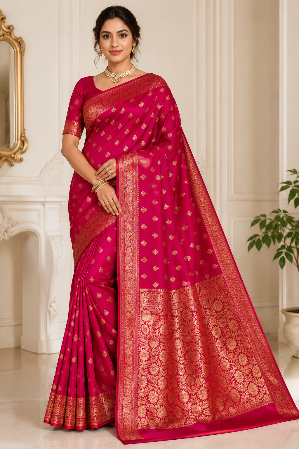 Rani Pink Banarasi Silk Saree with Gold Zari Buti & Floral Jaal Pallu | Shreevaa by Yamya Collection