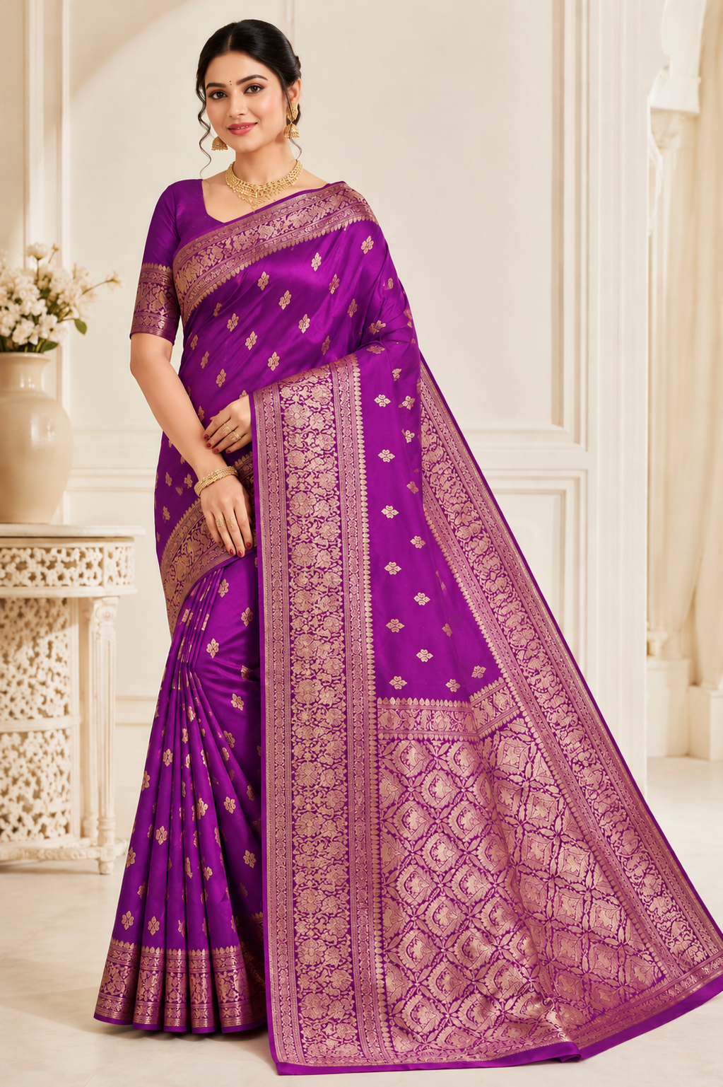 Purple Banarasi Silk Saree with Gold Zari Buti, Floral Border & Jaal Pallu | Shreevaa by Yamya Collection