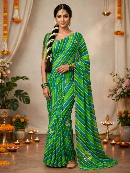 Green and teal lehariya georgette saree - front standing view