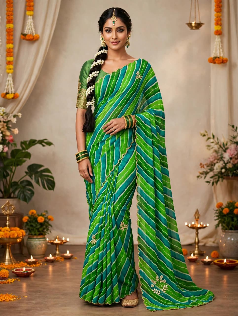 Green and teal lehariya georgette saree - front standing view