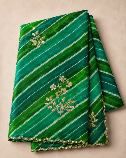 Green and teal lehariya georgette saree - folded flat lay