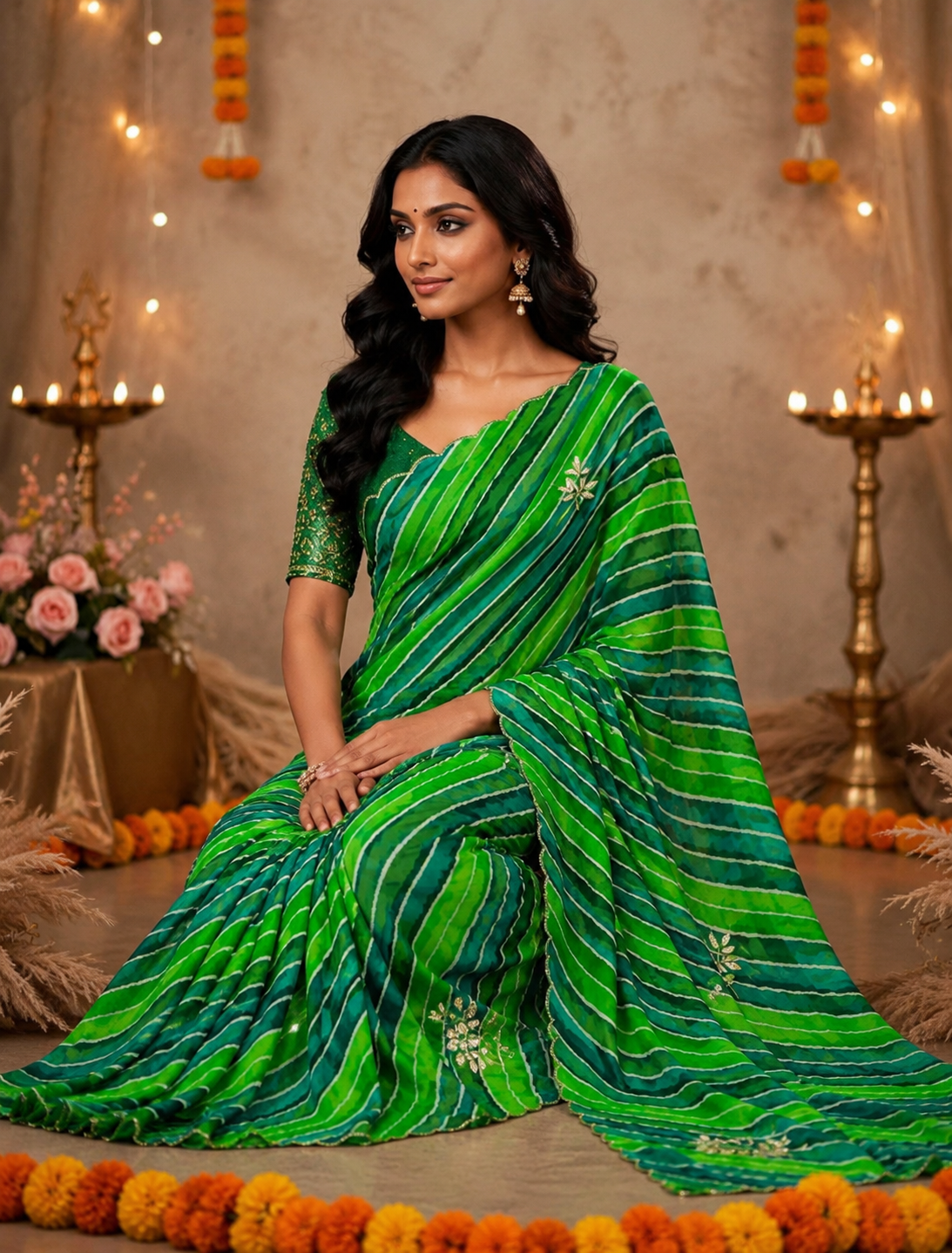 Green and teal lehariya georgette saree - sitting view