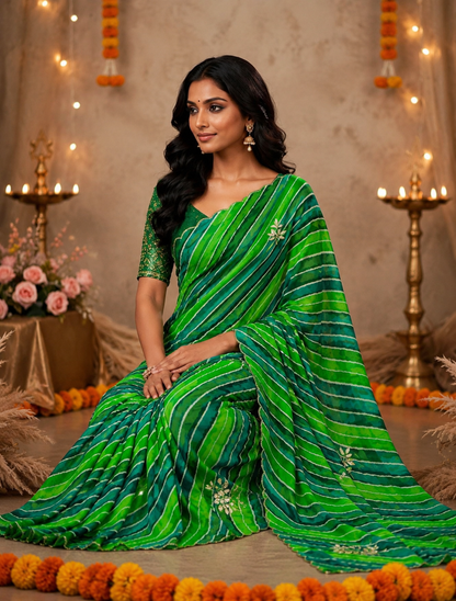 Green and teal lehariya georgette saree - sitting view