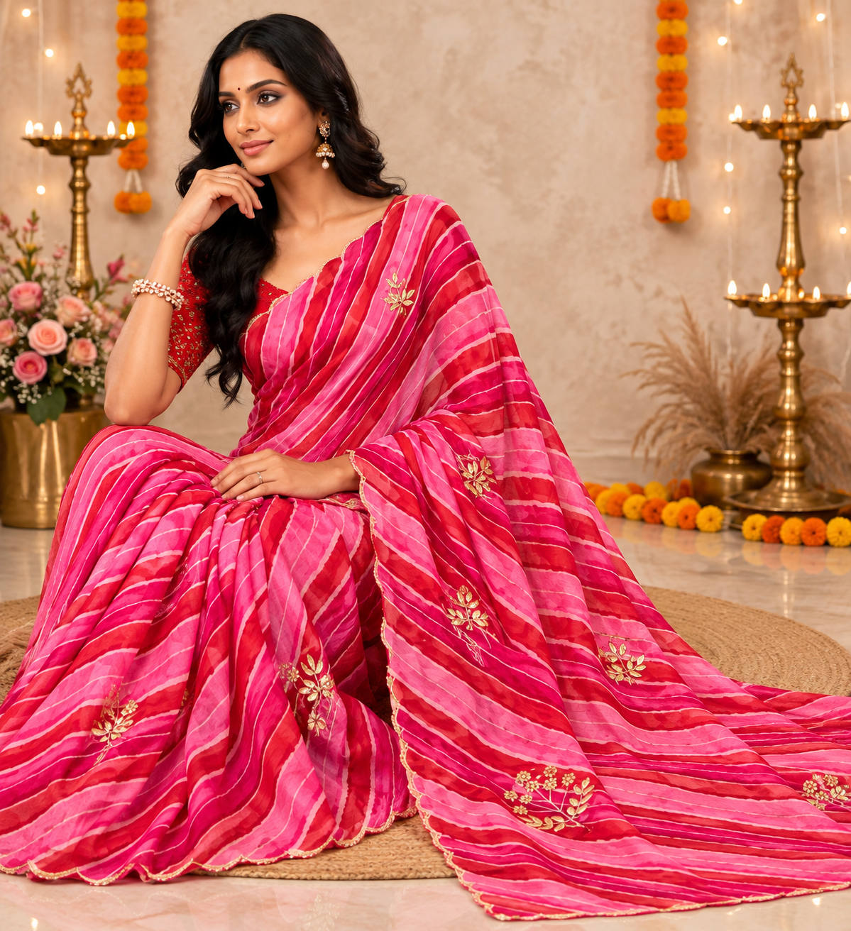 Pink and rani pink lehariya georgette saree - sitting view