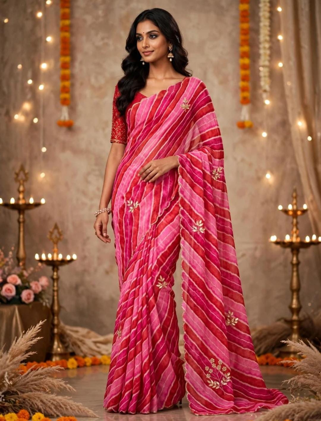 Pink and rani pink lehariya georgette saree - front standing view