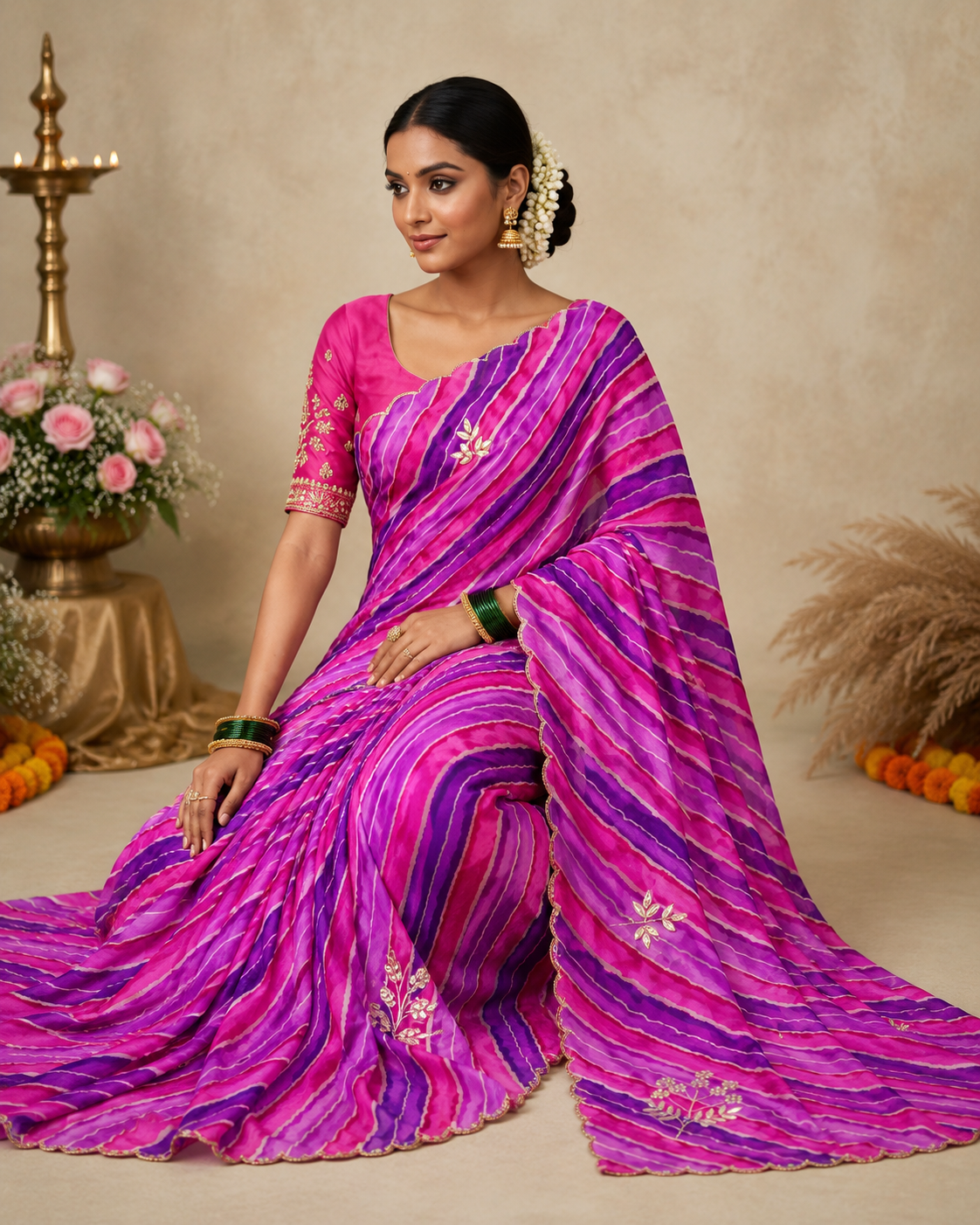 Pink and violet lehariya georgette saree - sitting view