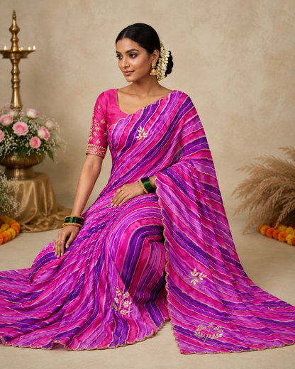 Pink and violet lehariya georgette saree - sitting view