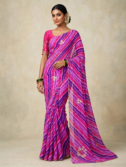 Pink and violet lehariya georgette saree - front standing view