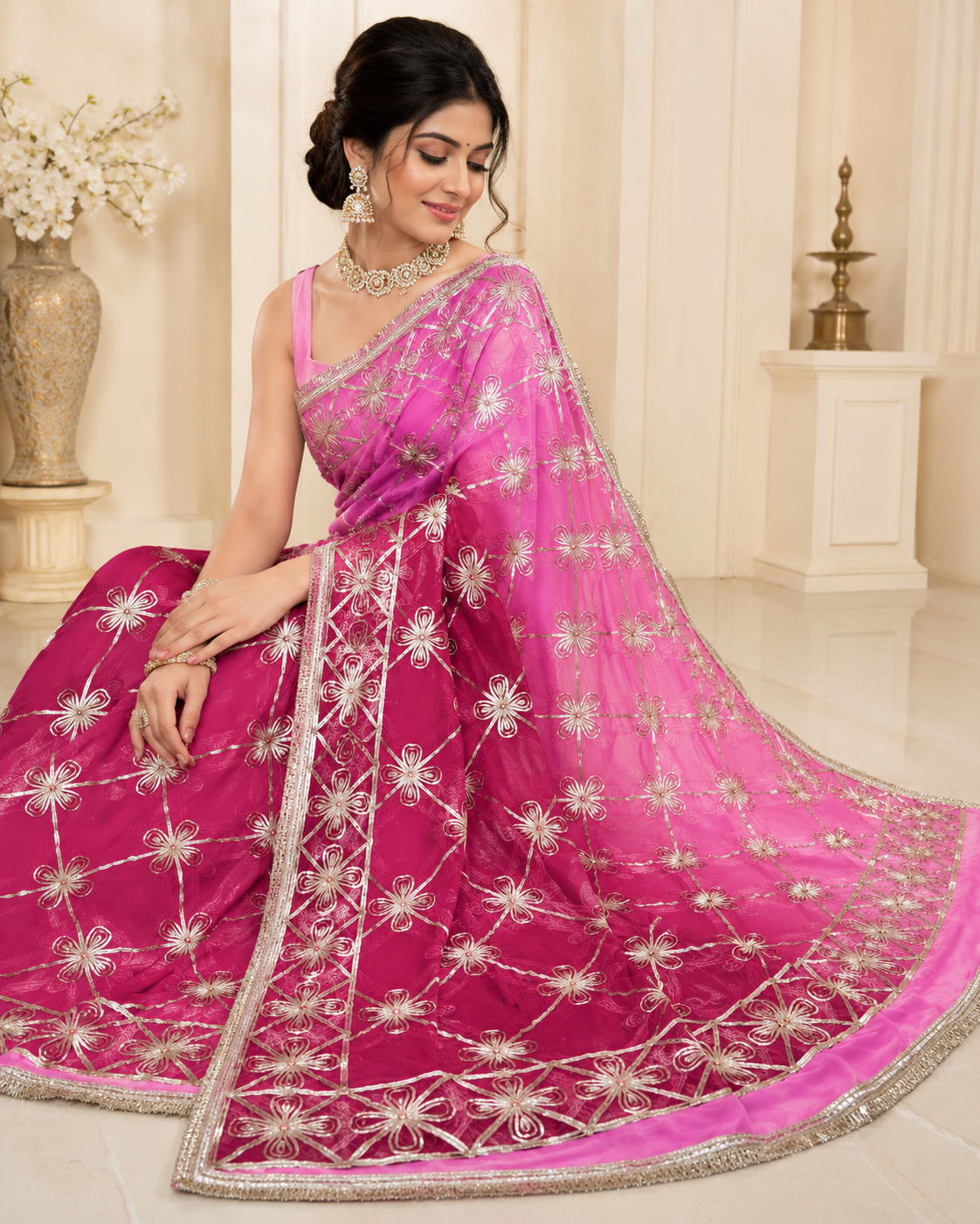 Darwari Gota Georgette Saree in Rani Pink - Sitting view