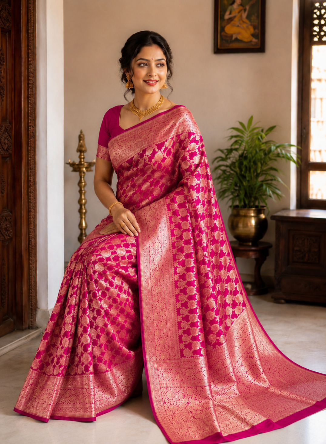 Magenta Pink Banarasi Silk Saree with All-Over Rose Gold Zari Jaal Weave & Broad Zari Border | Shreevaa
