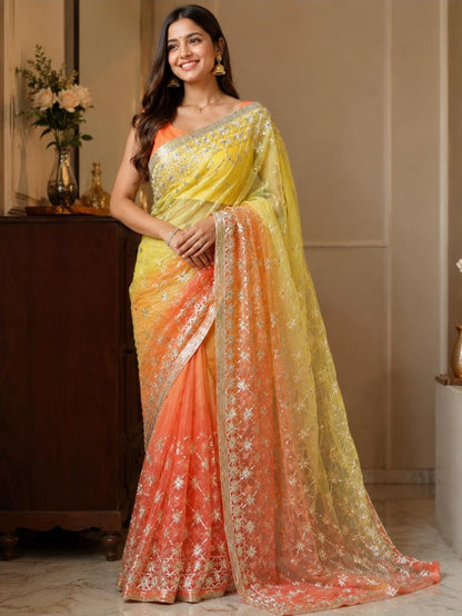Darwari Gota Georgette Saree Yellow Orange Ombre - Standing view