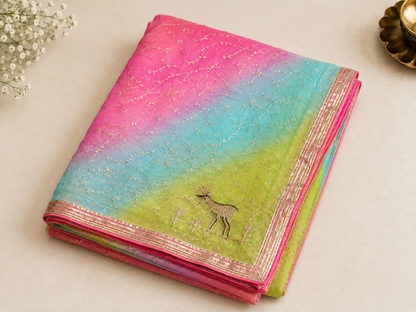 Rainbow Ombre Chinon Darwari Saree in Pink, Blue, Yellow & Green | Shreevaa | Festive