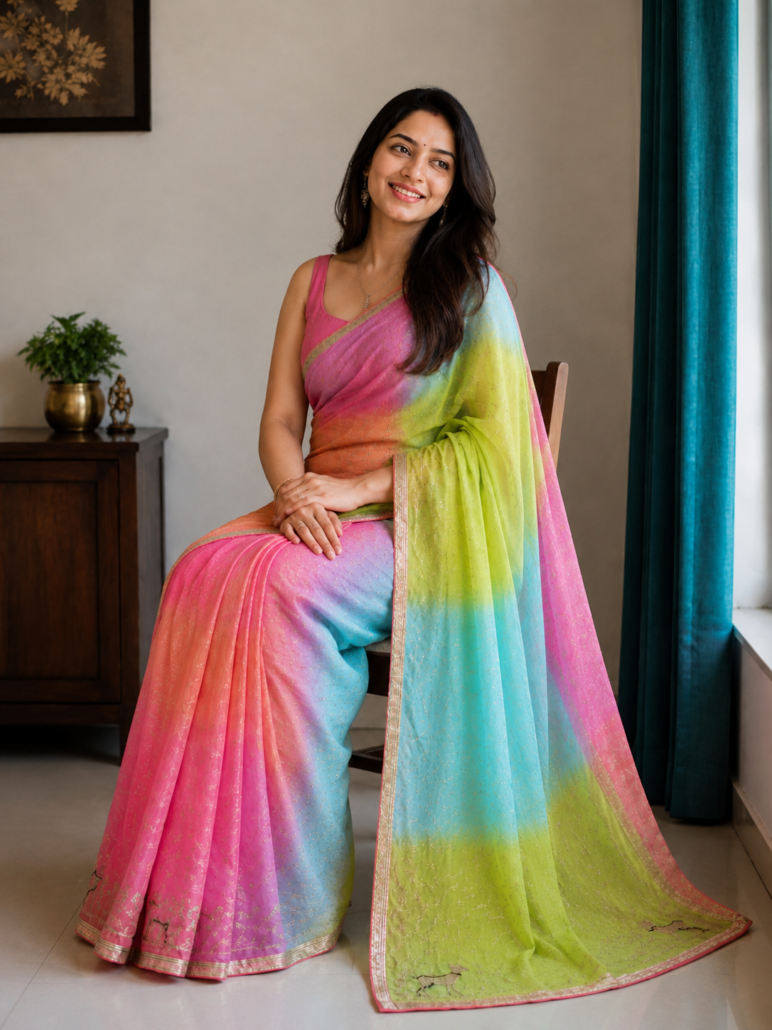 Rainbow Ombre Chinon Saree in Pink Blue Yellow Green - standing view