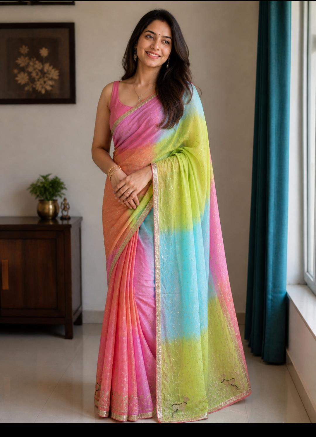Rainbow Ombre Chinon Saree in Pink Blue Yellow Green - seated view
